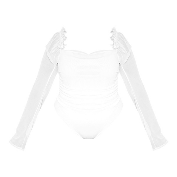 Pretty Little Thing Plus Size White Mesh Ruched Frill Ruffle Longsleeve Bodysuit - Picture 3 of 16